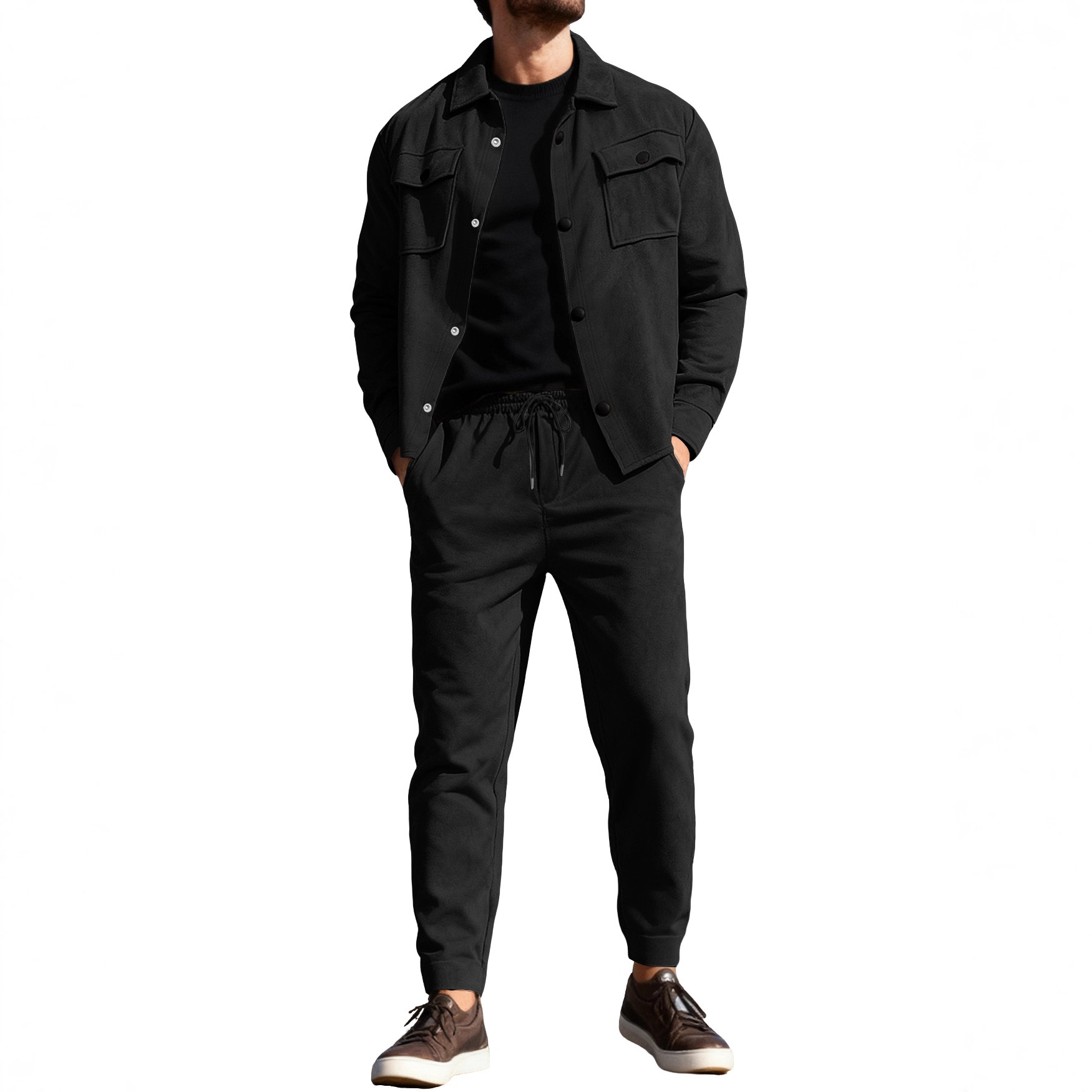 Nuevo transfronterizo Europa y América Amazon TK estilo americano pesado chaqueta casual de hombre pantalones casuales de piel de seda de color sólido conjunto