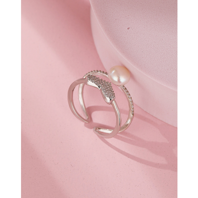 Anillo en forma de corazón de la perla de agua dulce de la plata esterlina 925 anillo femenino ligero lujo personalidad de alto grado temperamento anillo de dedo índice apertura ajustable