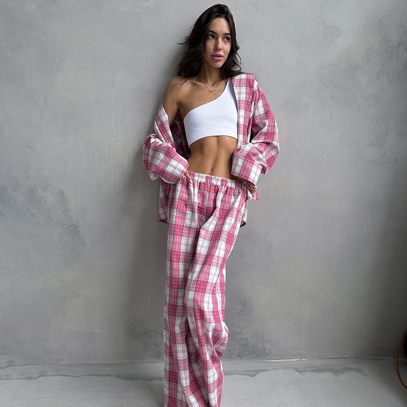 2026 European and American Style Loose Comfortable Long-Sleeve Long-Pants Plaid Pajamas for Women, Autumn Thin Set, Cross-Border Loungewear That Can Be Worn Outside 2026 European and American Style Loose Comfortable Long-Sleeve Long-Pants Plaid Pajamas for Women, Autumn Thin Set, Cross-Border Loungewear That Can Be Worn Outside