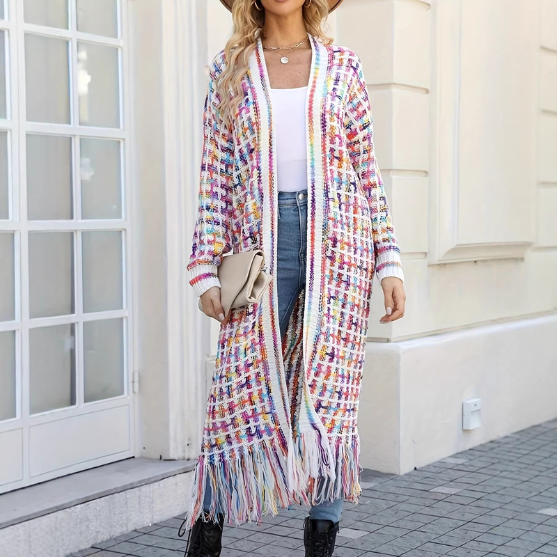 Long Tassel Cardigan for Women, Loose Hollow-Out Knitted Sweater Jacket, Bohemian Style, Casual and Versatile