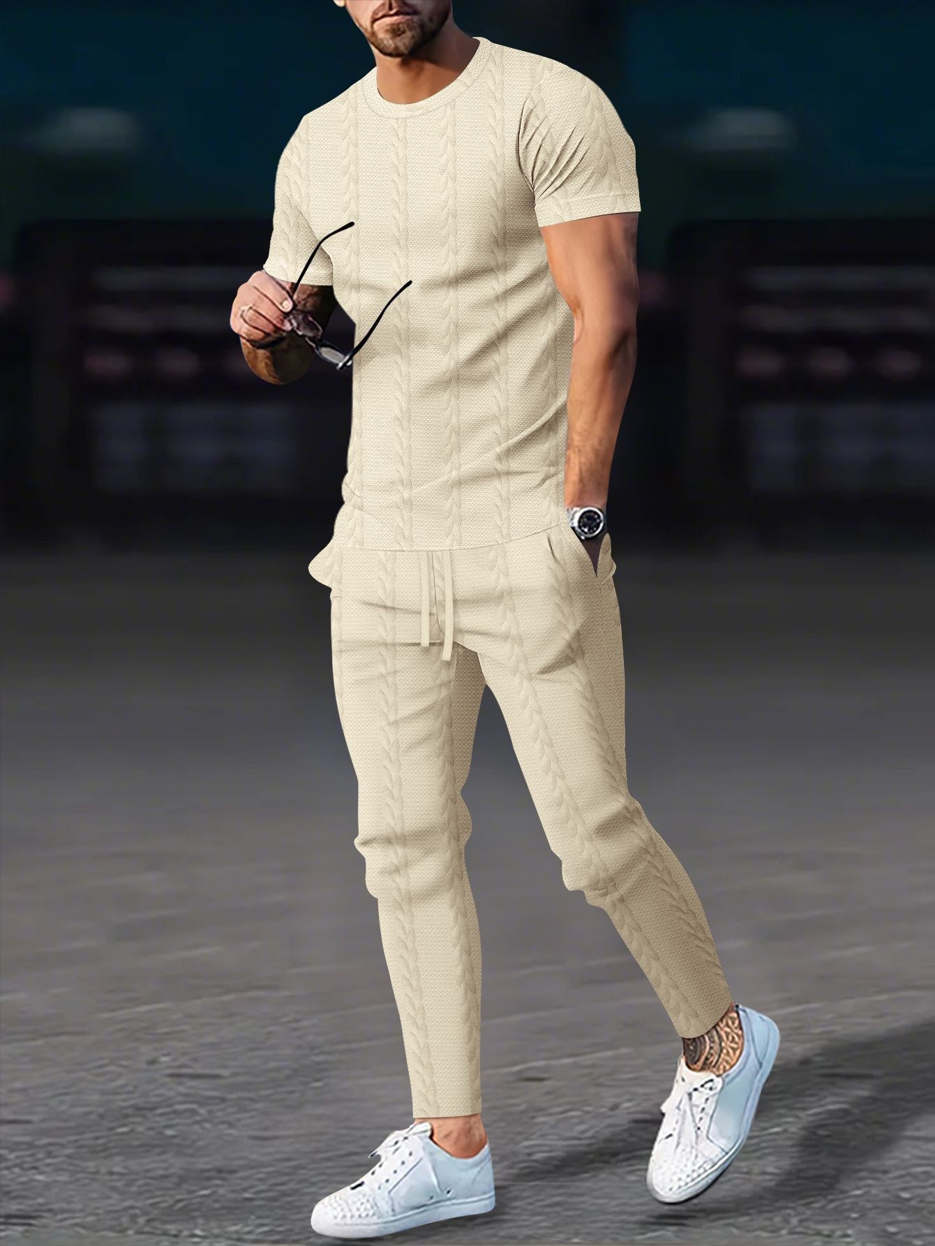 Men's Cable Knit Solid Color Jacquard Pullover Crew Neck Short Sleeve Trousers Casual Suit American Style Autumn New_viptrois.com