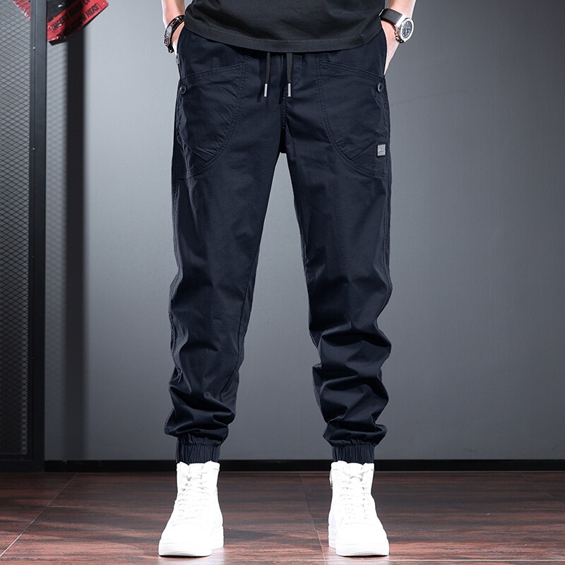 Navy Blue Casual Pants for Men 2026 New Style Loose Fit Slimming Drawstring Cuffed Pants Spring Breathable American Style Work Pants Trendy
