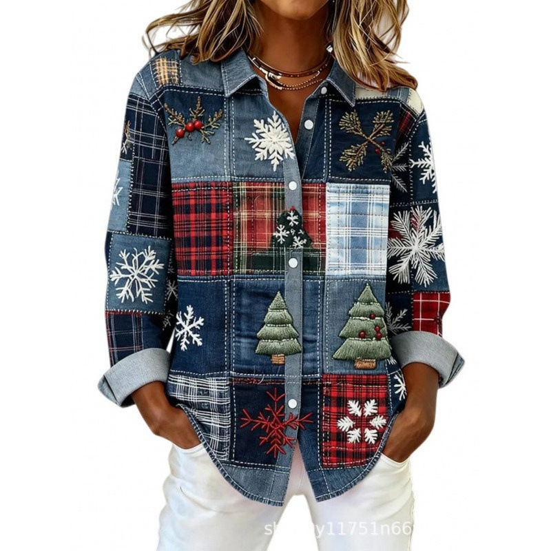 Amazon Cross-Border Christmas Atmosphere Casual and Simple 3D Printed Christmas Elements Autumn and Winter Women's Long-Sleeved Shirt