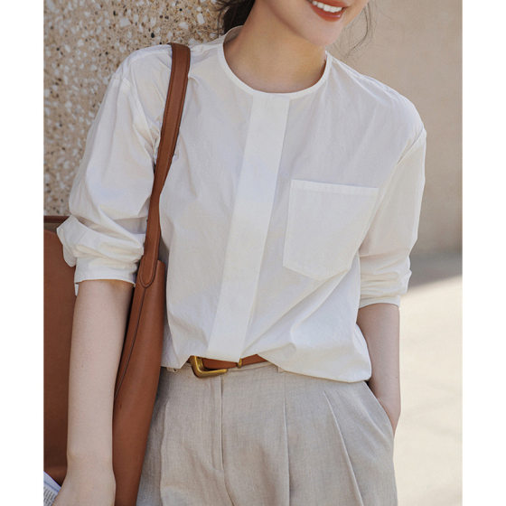 [LF Order] Pure Cotton Salt Micro-wrinkled Texture Crewneck Jacket Drawstring Shirt Women's Small White Top
