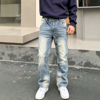 HME美式复古水洗做旧阔腿直筒牛仔裤男款潮牌痞帅宽松男士长裤子