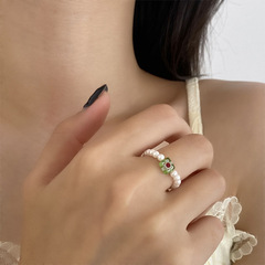 素圈貝珠簡約琉璃戒指 百搭小眾日韓氣質彈力指環 復古時尚手飾女