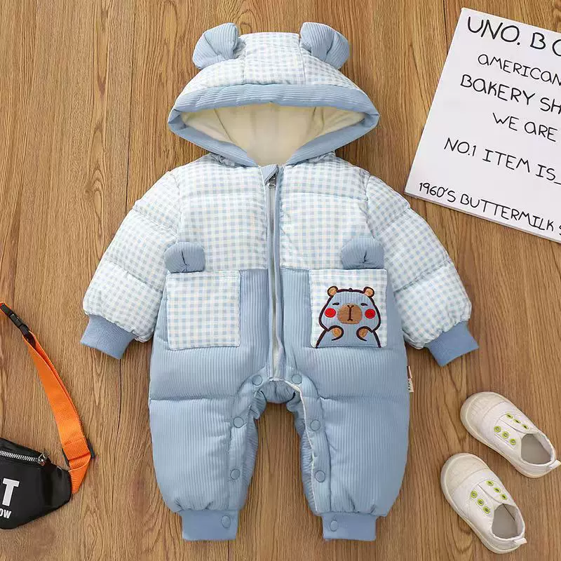 新生儿冬季加厚连体棉服婴幼儿加绒格子连帽外出棉袄男女童爬爬服