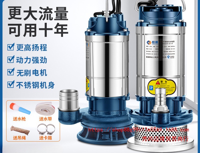 不锈钢潜水泵220v家用小型高扬程井水抽水泵农用灌溉排污水泵果园