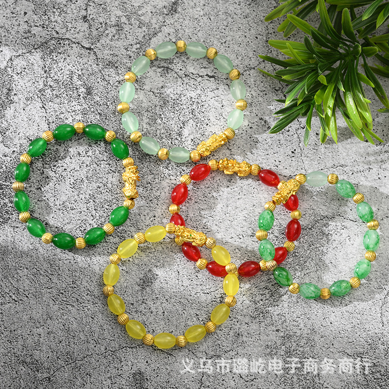 仿玉石黄金招财貔貅手链女沙金珠手串镀金3D越南手饰品男直播代发