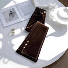 2025冬季爆款高腰显瘦咖色丝绒微喇阔腿裤女加绒加厚休闲直筒长裤