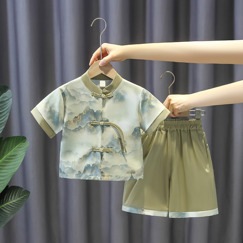 Little Girl's Hanfu with Western Style, Ethereal and Elegant, National Traditional Ink Wash Two-Piece Set, Little Boy's Tang Suit, Summer Thin Version, Refined Ancient Costume Performance Wear