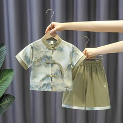 Little Girl's Hanfu with Western Style, Ethereal and Elegant, National Traditional Ink Wash Two-Piece Set, Little Boy's Tang Suit, Summer Thin Version, Refined Ancient Costume Performance Wear