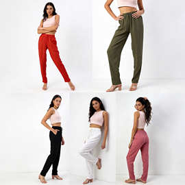Linen pants 现货欧美女纯色棉麻休闲裤高腰抽绳宽松直筒阔腿长裤