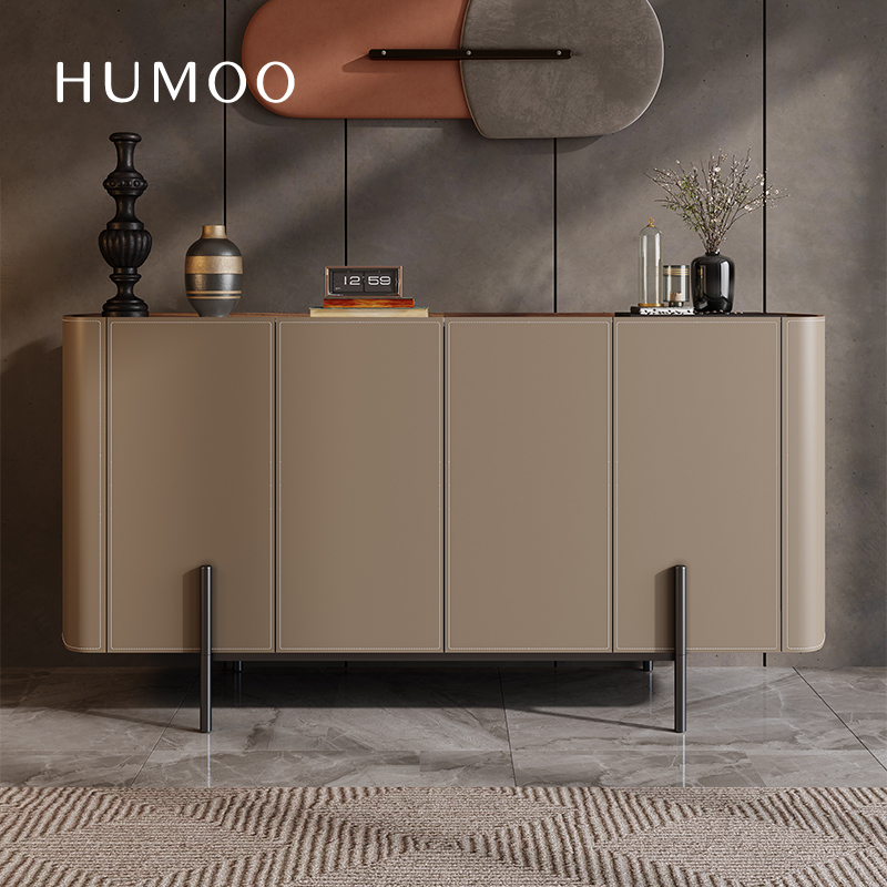 Italian-style Light Luxury Saddle Leather Sideboard Home Solid Wood Entrance Cabinet Wall-side Bucket Cabinet Bedroom End-of-bed High TV Cabinet