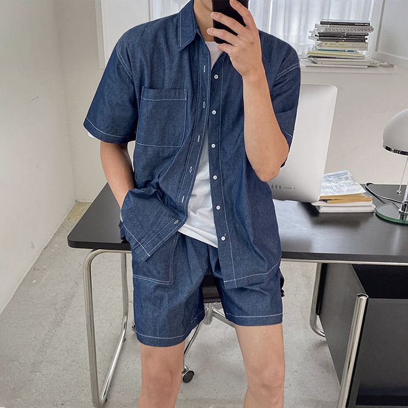 MYQ Tooling Short-sleeved Denim Shirt Jacket Men's Summer Korean-style Loose Retro Tooling Denim Shorts Set