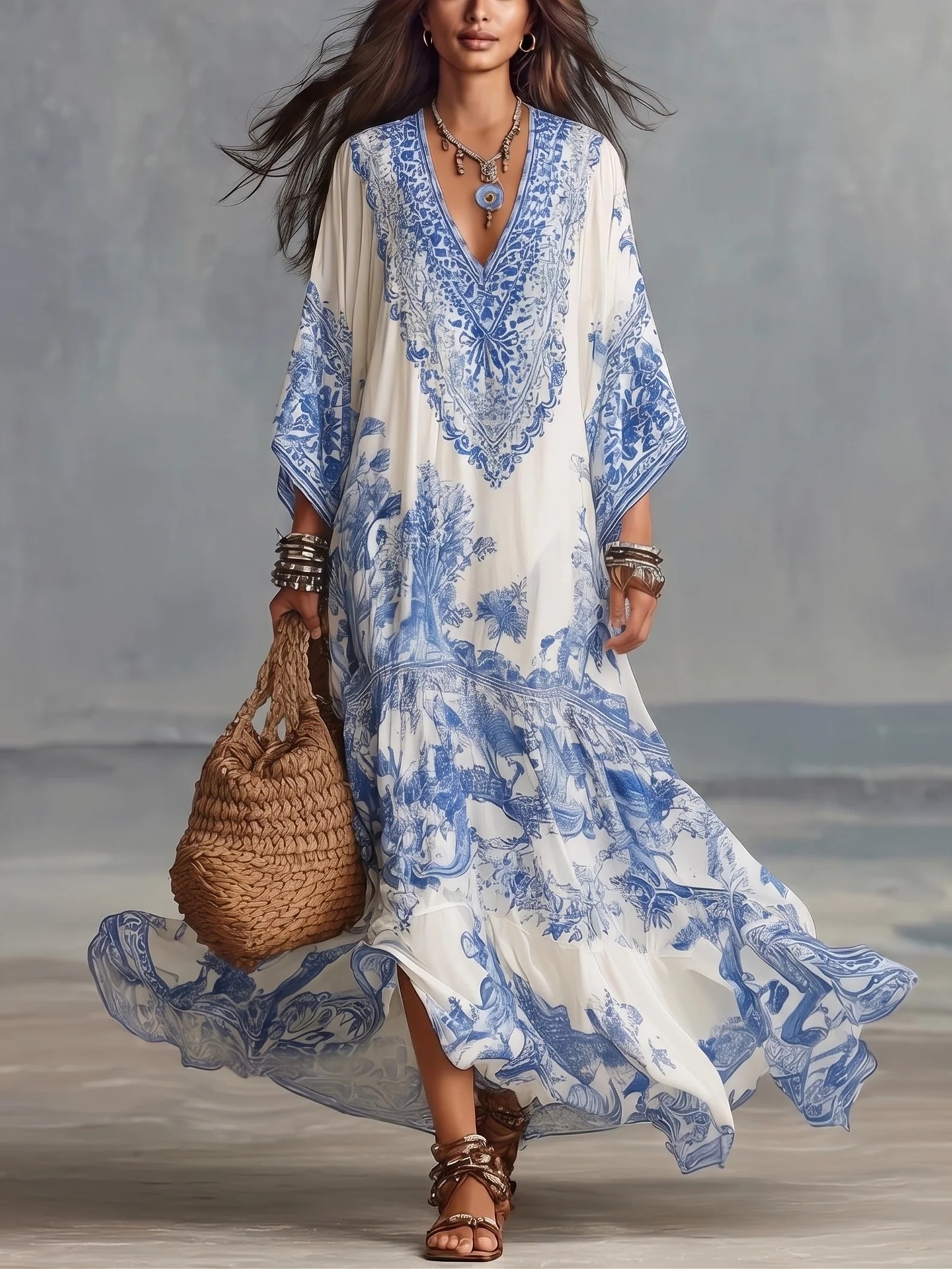 European and American Style Blue and White Porcelain Print V-Neck Batwing Sleeve Bohemian Long Dress for Seaside Vacation and Beach Wear