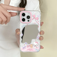 丝带kt猫波浪镜子适用苹果16/15/iphone13promax华为补妆镜手机壳