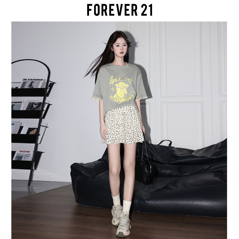 Forever21韩系甜美碎花A字半身裙女黑色高腰蛋糕裙早春雪纺短裙子|undefined