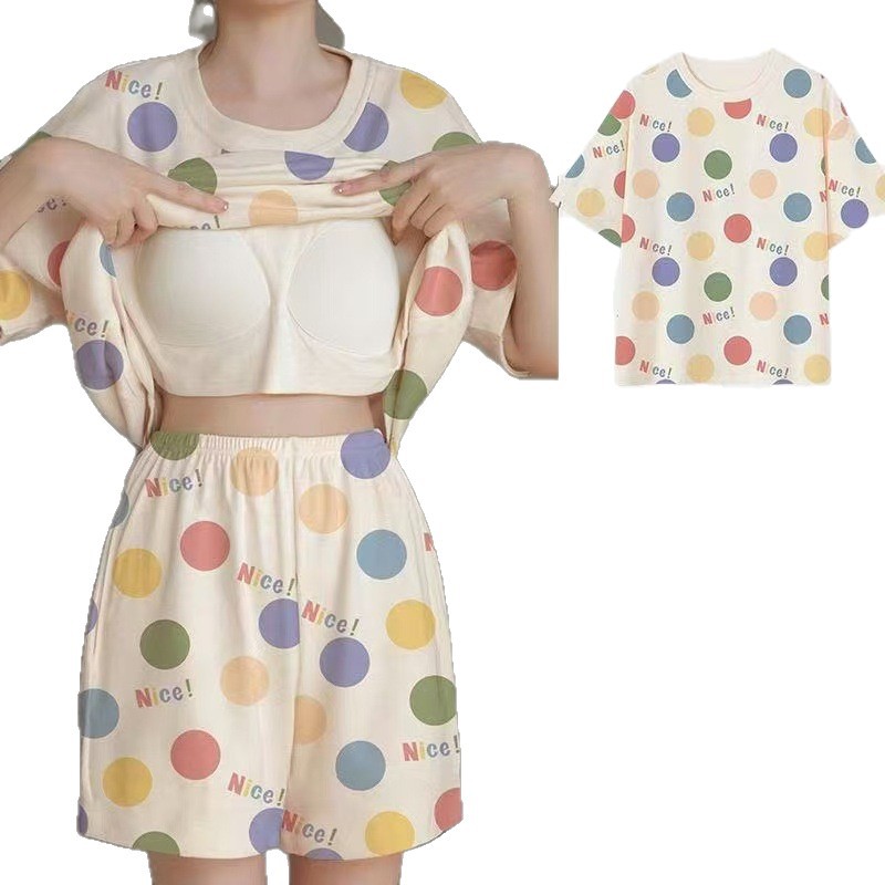 Pijama de mujer 2025 nuevo tamaño grande de verano con cojín de pecho de manga corta pantalones cortos impresos ropa casera delgada