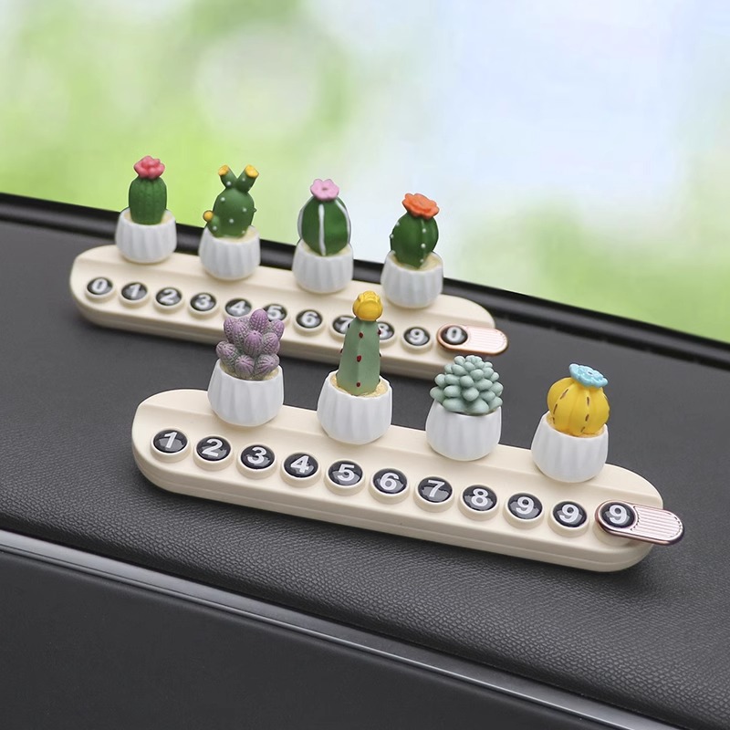 Suculentas plantas en macetas, placas de matrícula de estacionamiento temporal, teléfonos de automóviles, placas de matrícula en movimiento, tarjetas de transferencia de automóviles, adornos de accesorios se pueden ocultar