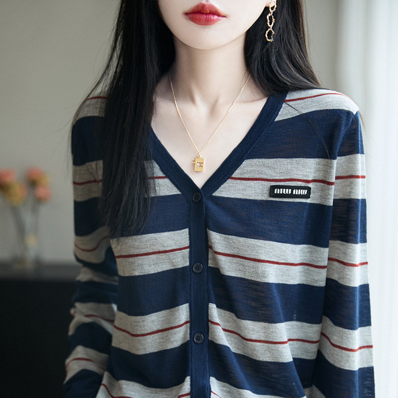 25年早秋新款竹节麻圆领针织衫长袖女拼色条纹宽松百搭打底衫上衣|undefined