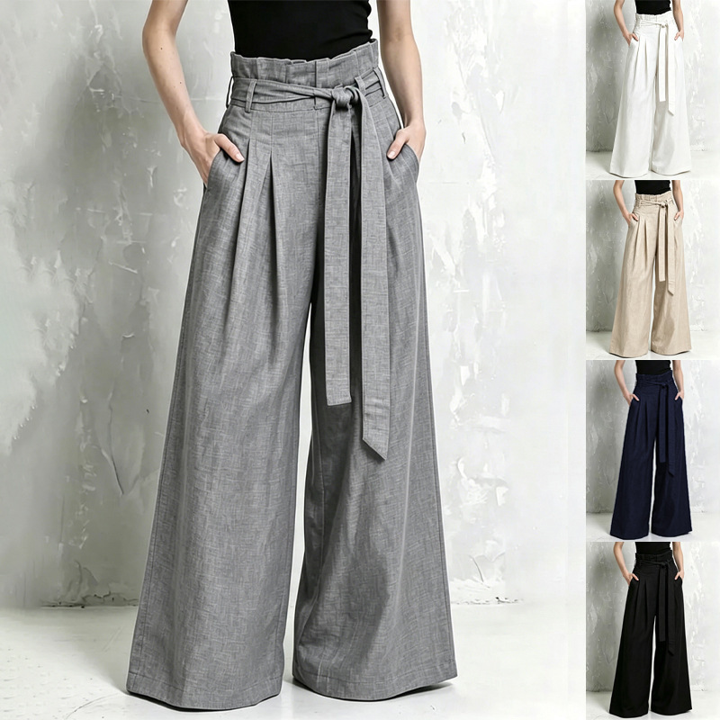 European and American style high-waisted cotton-linen wide-leg pants for women, with paper-pleated waistband, tie straps, and a loose, drapey fit, suitable for commuting European and American style high-waisted cotton-linen wide-leg pants for women, with paper-pleated waistband, tie straps, and a loose, drapey fit, suitable for commuting