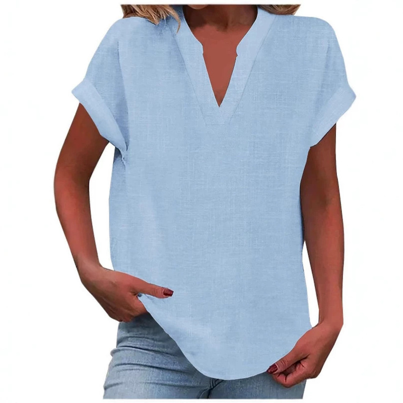 Amazon European and American Cross-Border Foreign Trade Cotton and Linen Women's Clothing 2025 Summer Casual Solid Color V-Neck Loose Shirt Top Amazon European and American Cross-Border Foreign Trade Cotton and Linen Women's Clothing 2025 Summer Casual Solid Color V-Neck Loose Shirt Top