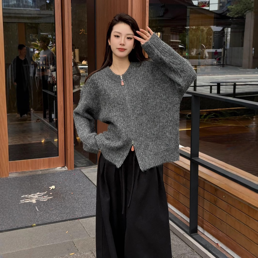 24 invierno Puyuan etiqueta de piel con cremallera de lana cardigan Europa y América ropa de mujer al por mayor nuevo estilo francés cuello redondo