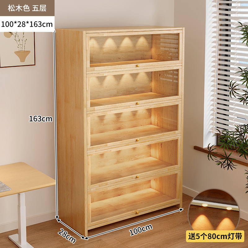 Librería de madera maciza a prueba de polvo integrada contra la pared Armario de almacenamiento de color nogal Armario de almacenamiento Armario de piso Estantería para el hogar