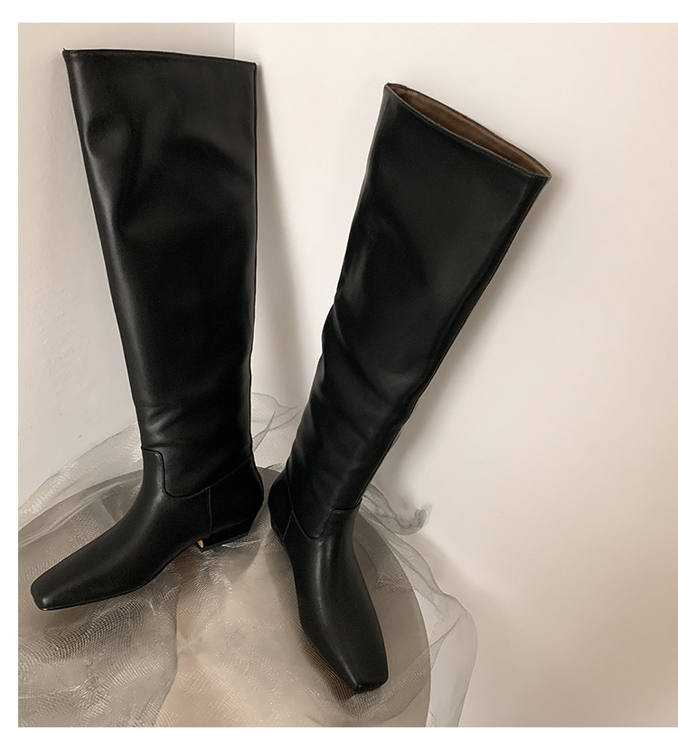 Boot nữ da thật ống rộng mũi vuông cổ cao đến đầu gối gót thấp — màu nâu, đen chi tiết 19