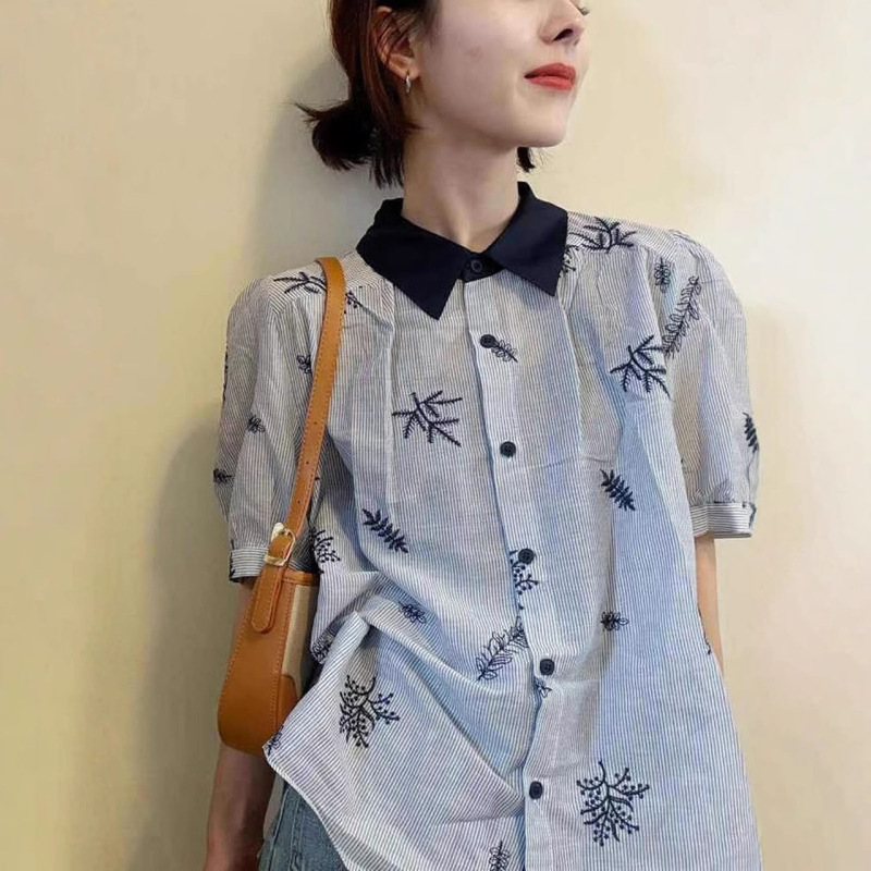 French Age-reducing Embroidered Bubble Short-sleeved Shirt Women's Summer Loose Slimming Contrast POLO Collar Striped Short-sleeved Top