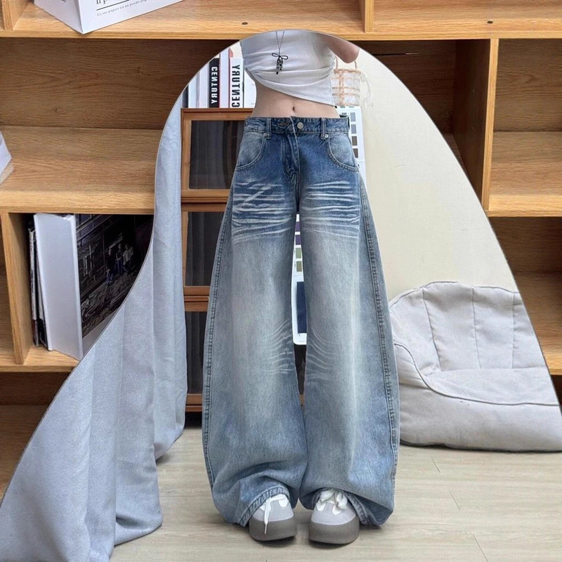 American-Style Curved Jeans for Women 2026 New Low-Waist Petite Pants Women's Loose Straight-Leg Curved Wide-Leg Pants