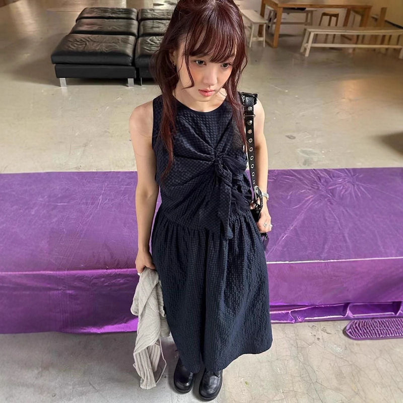 In Stock Korean-Style Plaid Vest Dress 2025 Summer Women's Bow Solid Color Sleeveless A-Line Dress Flet*A