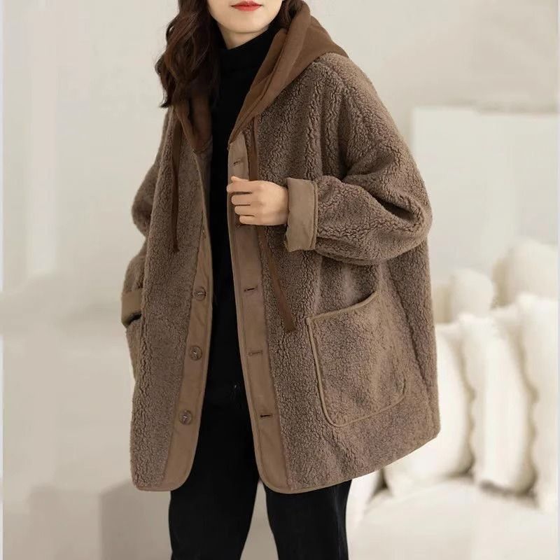 Big Sale Fleece-Lined Hooded Women's Short Jacket Autumn and Winter 2024 New Versatile Splicing Thickeneded Sweatshirt