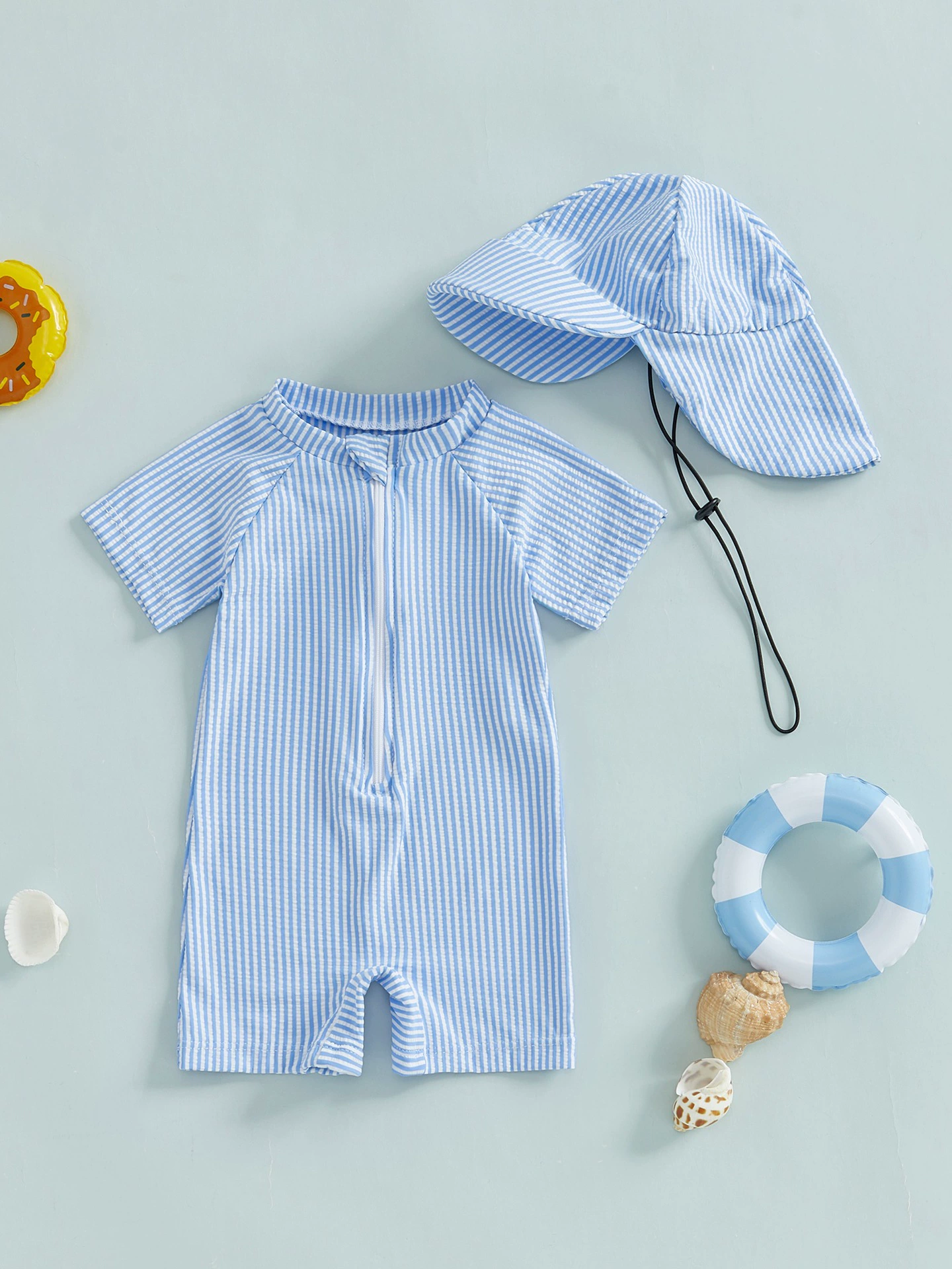 Детский купальник для мальчика, полосатый, короткий рукав, полузастежка, 2025, европейский и американский стиль, кросс-граничная доставка