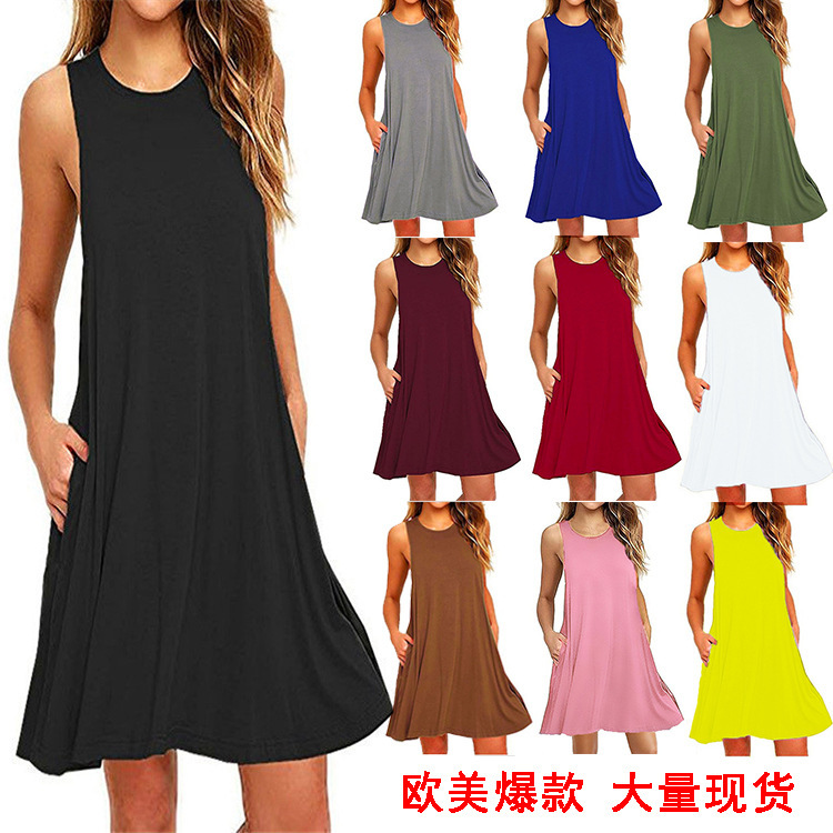Shopee European and American Summer Fashion Sleeveless Pocket Vest Wish Popular Ebay New Pure Color Dress Women's Clothing