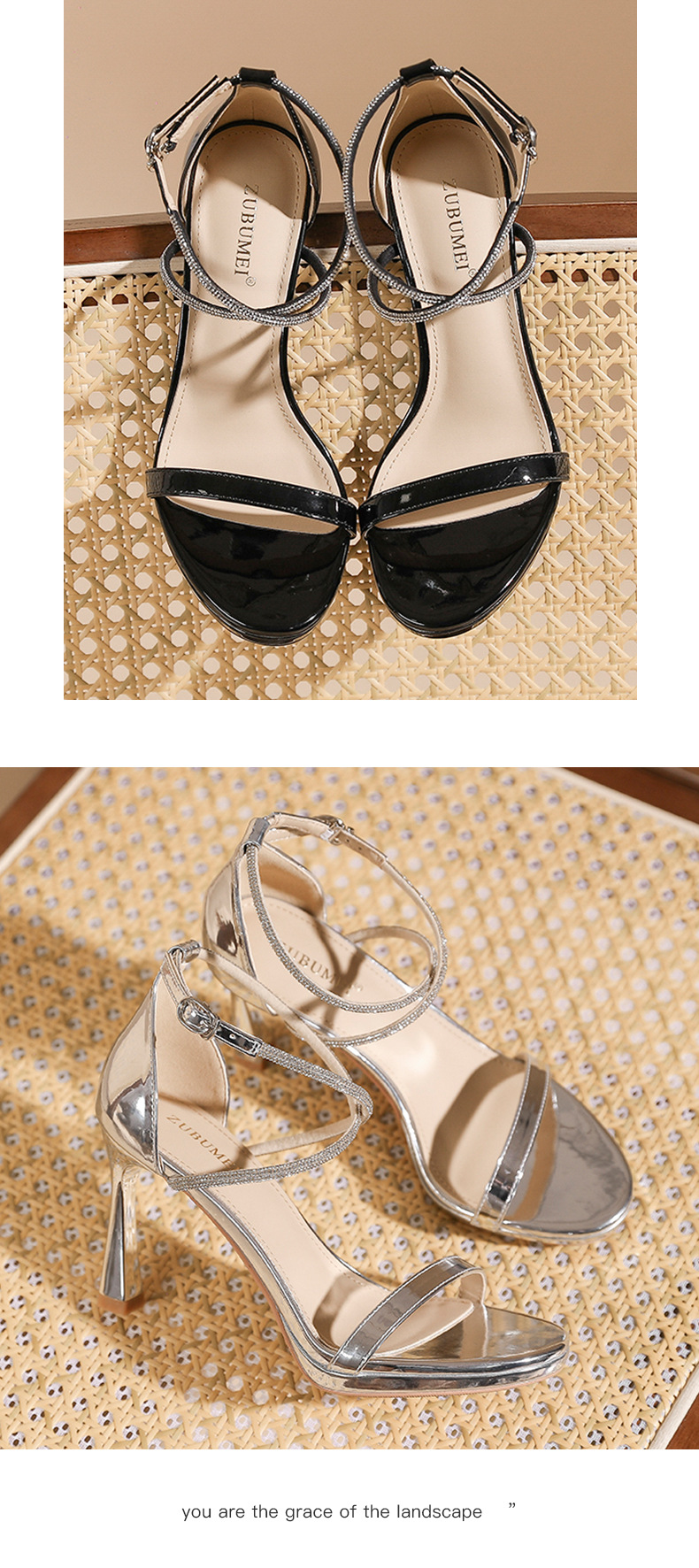 Sandal cao gót nữ mũi tròn quai chéo đan thanh lịch — màu đen chi tiết 9