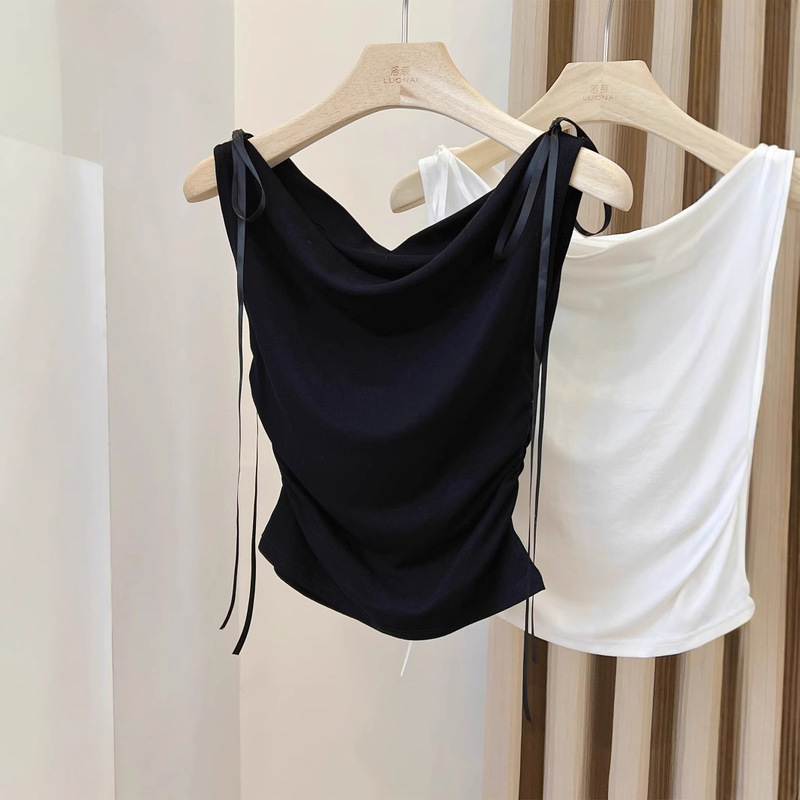 Black Sleeveless T-Shirt for Women Summer 2025 New Style High-End Slim Drawstring Pleated Waist Swing Collar Top