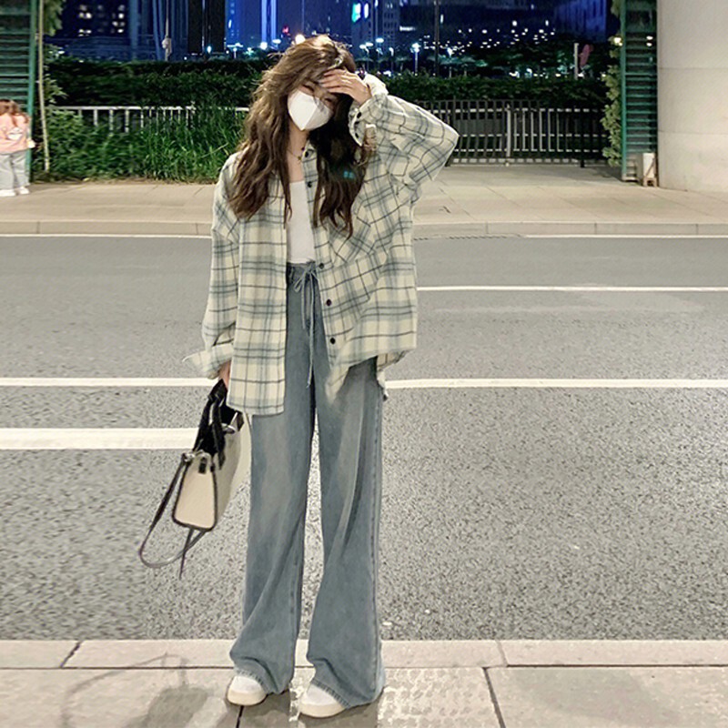 春と秋の新しい緑の格子のシャツのコートの女性の香港風の小さい大衆はカップルのシャツのins潮の学生の上着を設計します。|undefined