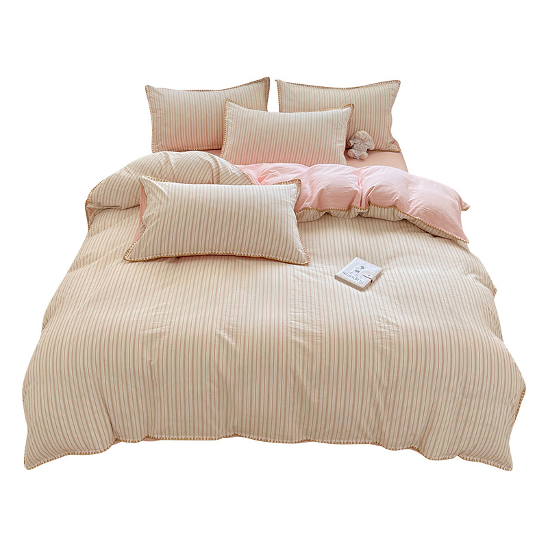 Four-piece Striped Cotton Bedding Set With Fitted Sheet For Home_voghion.com