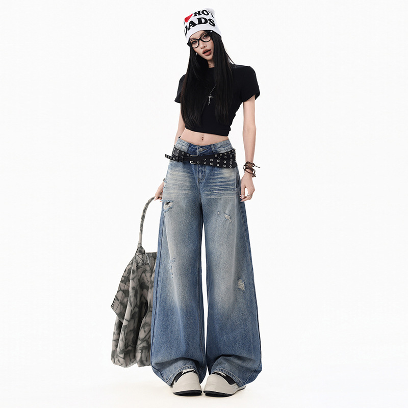 【Dropshipping】American Retro Heavy-Washed Crinkled Loose Ripped Wide-Leg Straight Floor-Length Jeans for Women