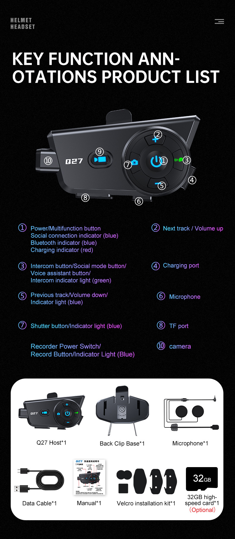 Q27 Driving Recorder Helmet Bluetooth Headset Intercom Waterproof High-Definition Shooting Integrated Motorcycle Helmet Headset