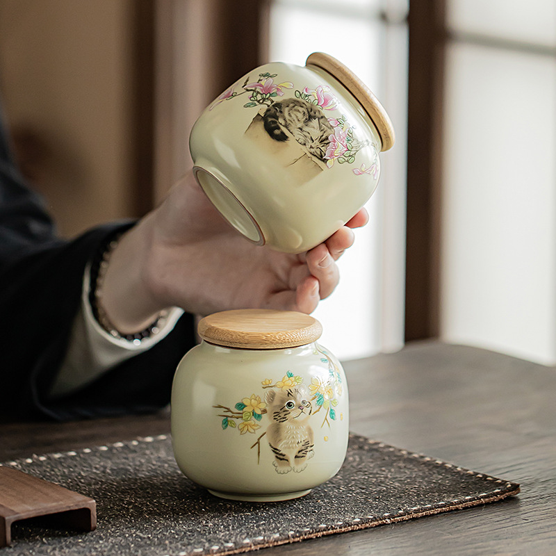 Рисовая желтая ручная печь чайная банка креативная милая кошка керамика маленький чайный склад портативный мини пыльца чай запечатан
