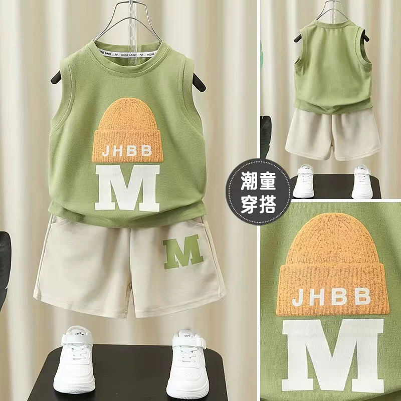 Summer clothing, vest, thin children's set for boys sleevless, western style, internet celebrity, children's clothing