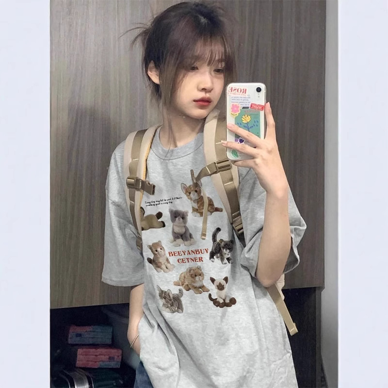 American Retro Gray Short-Sleeved T-Shirt for Women, Pure Cotton Summer Loose Design Half-Sleeved Small Student Tops Trendy