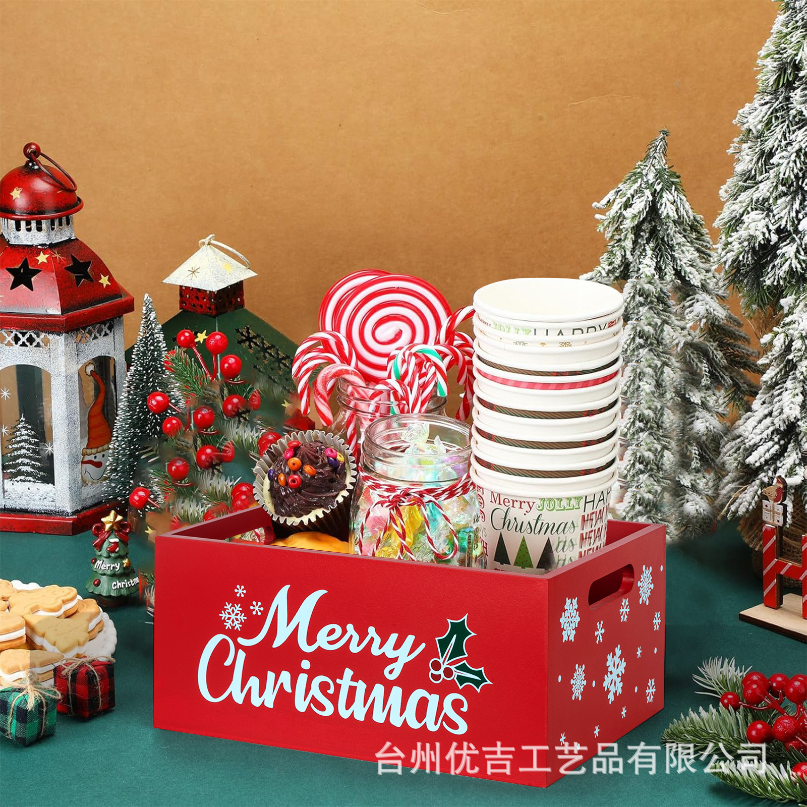 Navidad de madera atmósfera caja de almacenamiento portátil dulces de escritorio bocadillos caja de almacenamiento de madera sólida caja de acabado