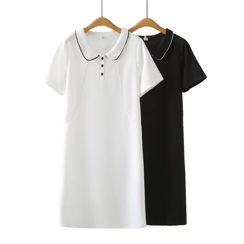 2025 новый летний стиль, большой размер, элегантное женское платье с кукольным воротником и короткими рукавами средней длины, тонкое повседневное платье для женщин 518