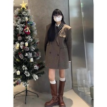 韩版显瘦中长款毛呢西装外套女2023秋冬小众设计感感呢子西服