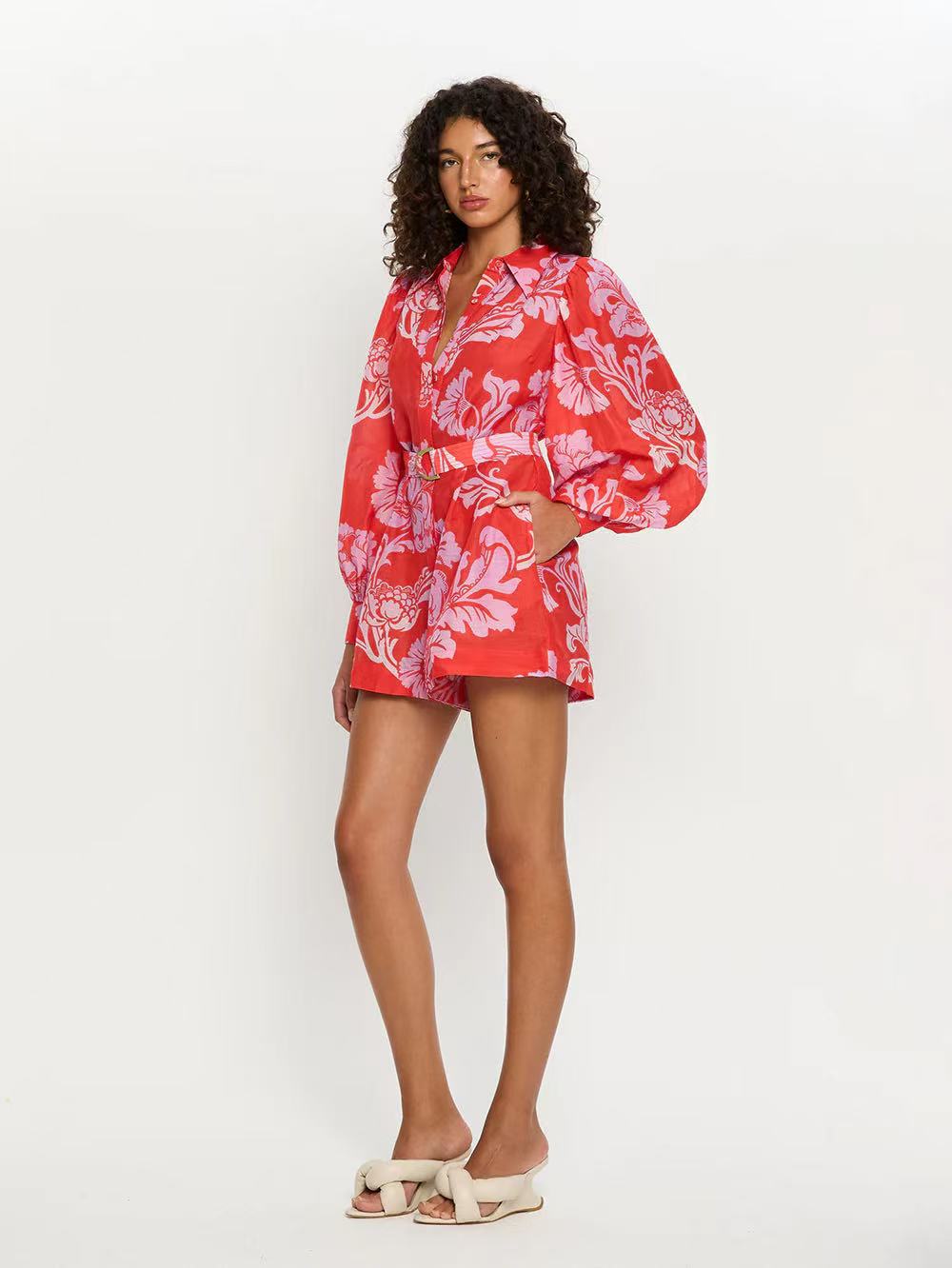 Red Boho Print Long Sleeve Romper