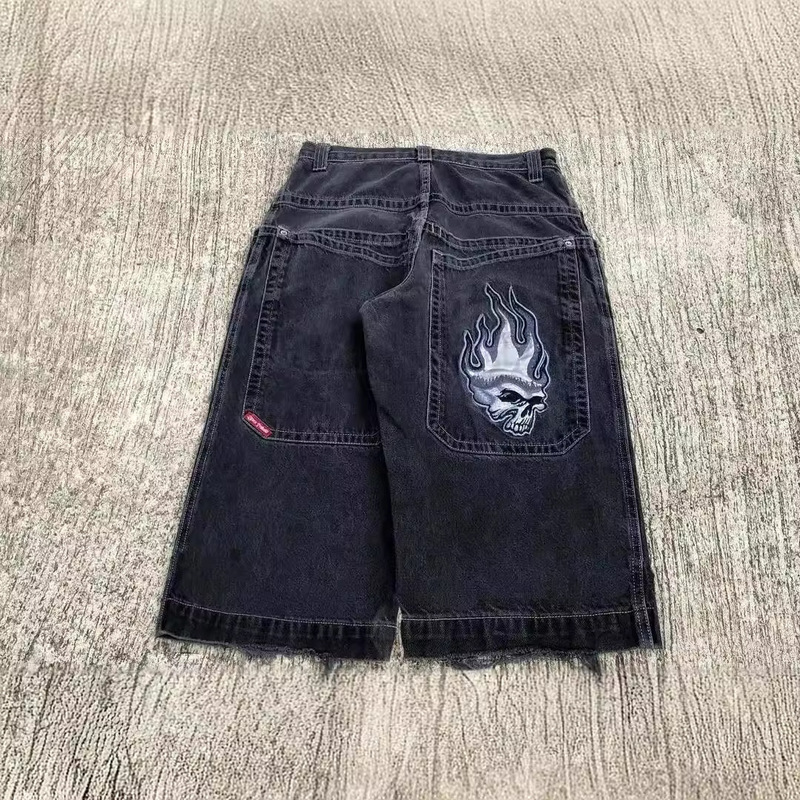 JNCO Shorts Y2K Hip Hop Retro SKull Retro Denim Fitness Loose Jeans Shorts